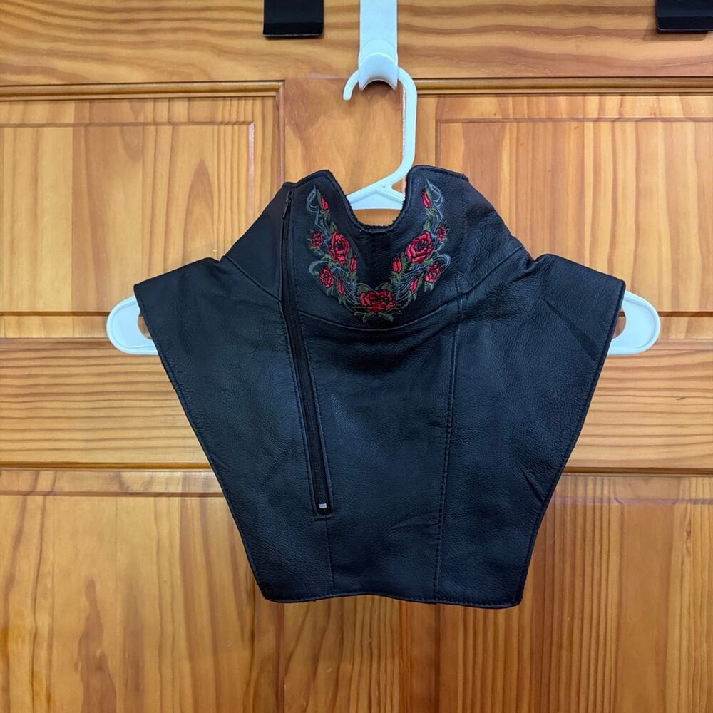 Black Faux Leather Collared with Embroidered Roses Size Large